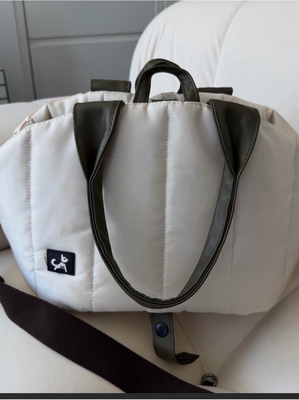 Dog Travel Bag - Chic Cream Tote Carrier purse with Olive Handles